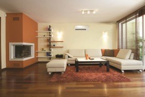 Living room with ductless air conditioning from Warren Heating and Cooling