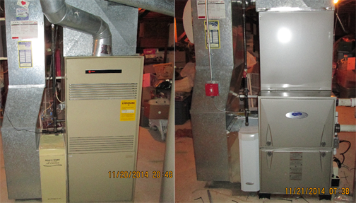 Before and after photos of old and new furnaces