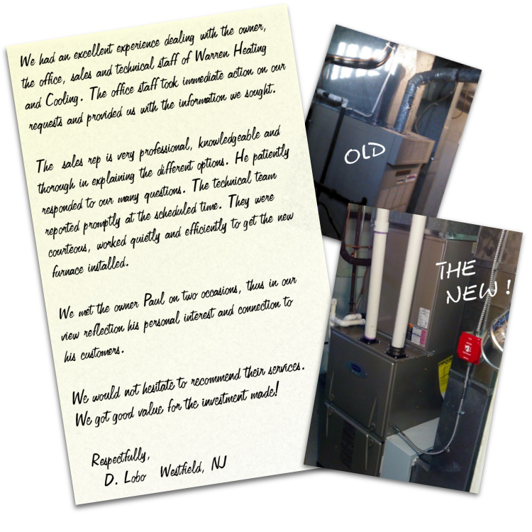 Customer testimonial letter and photo of old and new furnace.
